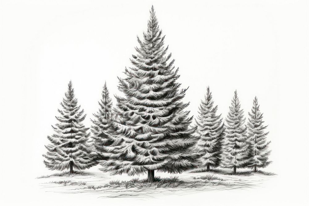 Fir tree sketch bw drawing plant white. AI generated Image by rawpixel.