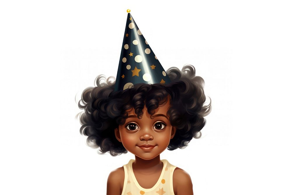 Little black girl wearing party hat child toy white background. AI generated Image by rawpixel.