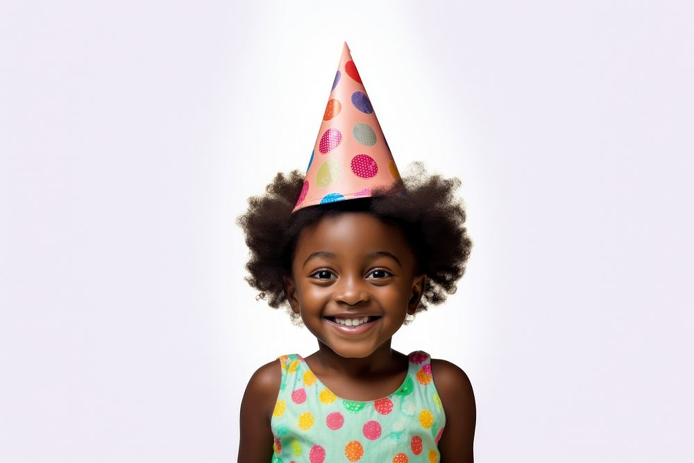 Little black girl wearing party hat portrait child white background. AI generated Image by rawpixel.