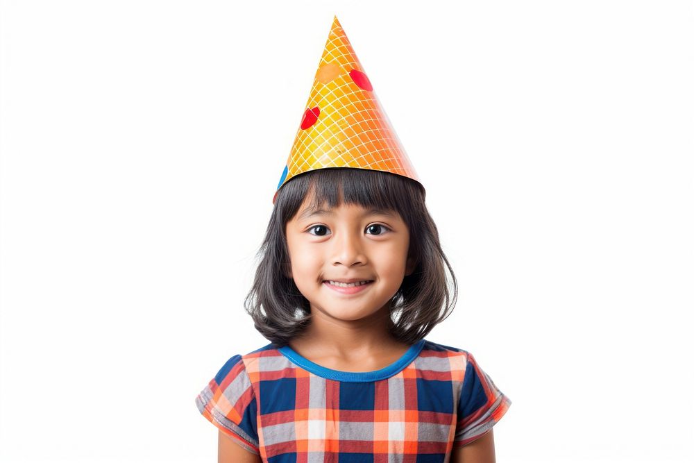 Little southeast asian girl wearing party hat child white background celebration. AI generated Image by rawpixel.