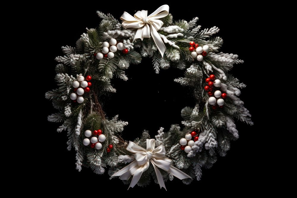 Snowy christmas wreath black background celebration decoration. AI generated Image by rawpixel.