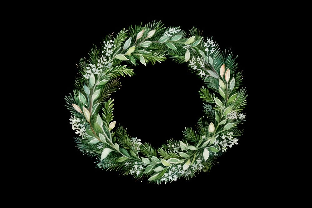 Snowy green christmas wreath watercolor plant black background celebration. AI generated Image by rawpixel.
