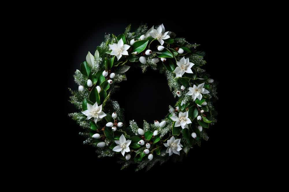 Snowy green christmas wreath flower plant black background. AI generated Image by rawpixel.