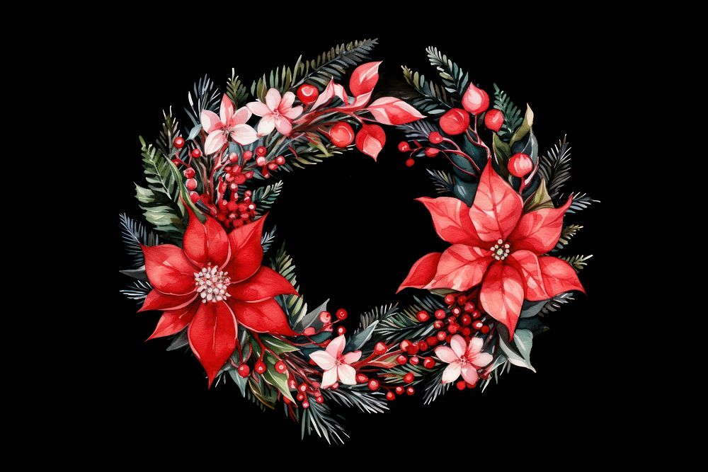Snowy red christmas wreath watercolor pattern plant black background. AI generated Image by rawpixel.