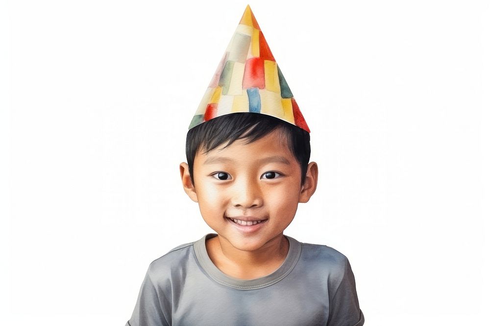 Southeast asian boy wearing party hat watercolor white background celebration anniversary. AI generated Image by rawpixel.