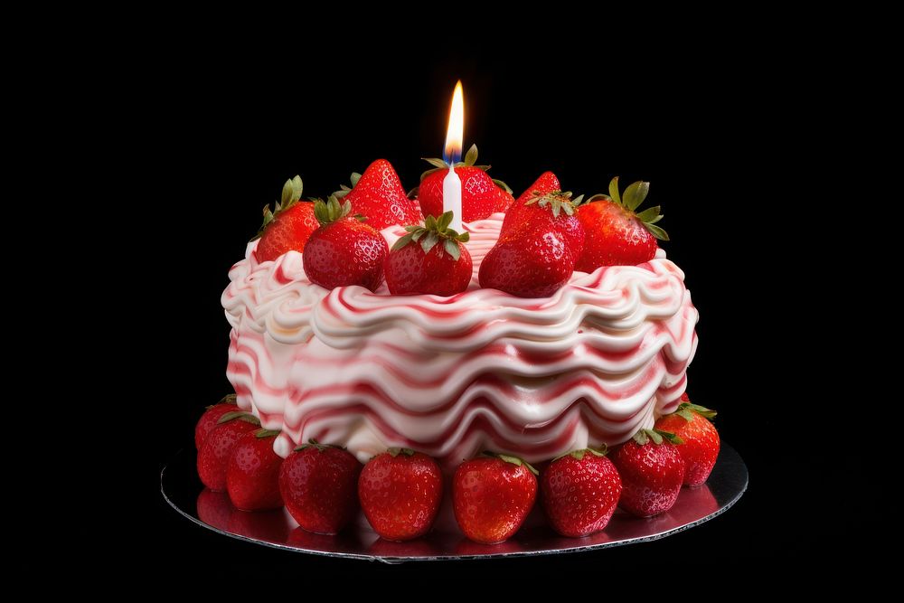 Strawberry birthday cake 1 candle dessert fruit cream. AI generated Image by rawpixel.