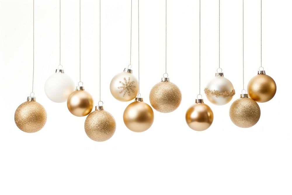 Golden christmas balls lighting hanging white background. AI generated Image by rawpixel.