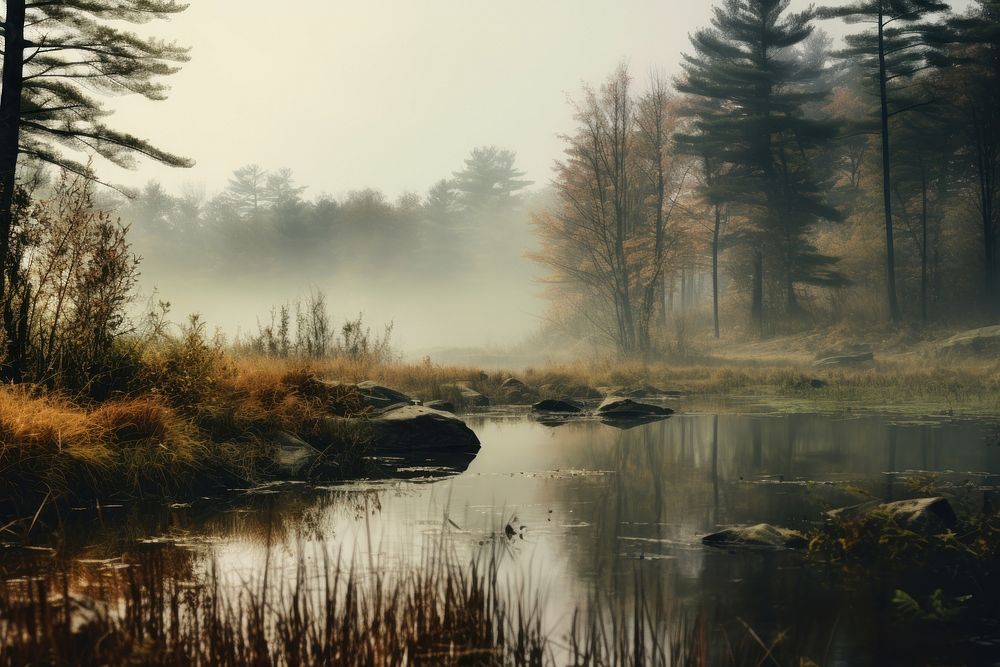 Foggy pond wilderness landscape outdoors. AI generated Image by rawpixel.