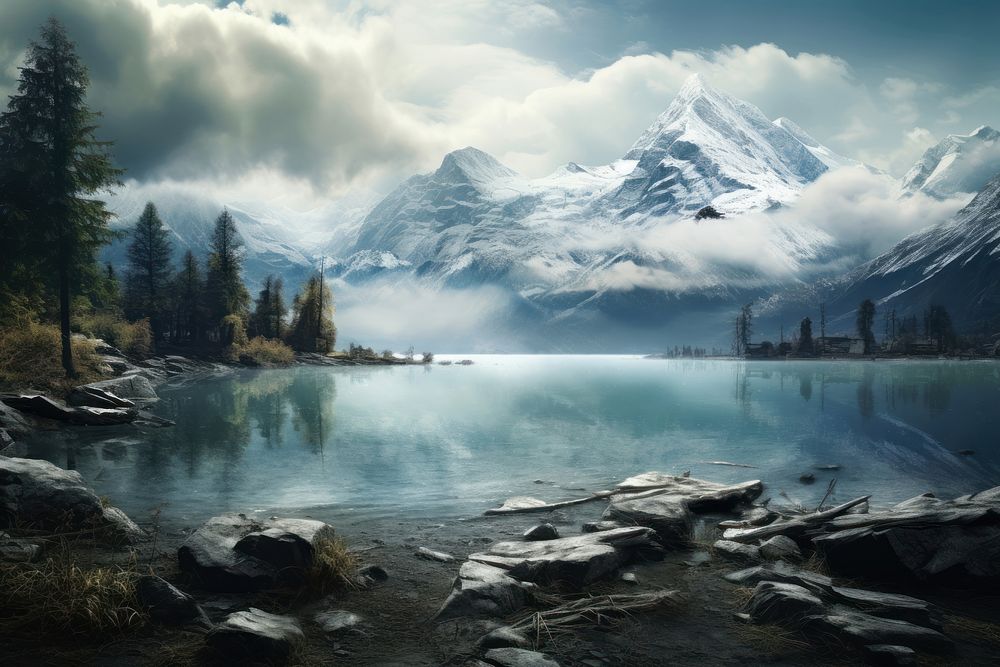 Lake mountain wilderness landscape. AI generated Image by rawpixel.