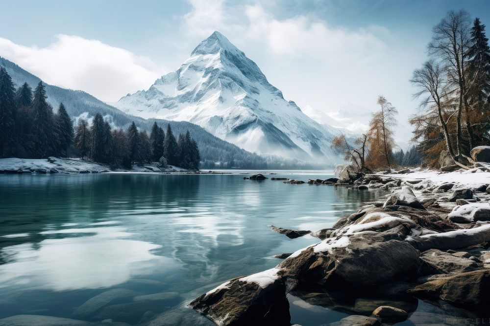 Lake mountain snow landscape. AI generated Image by rawpixel.