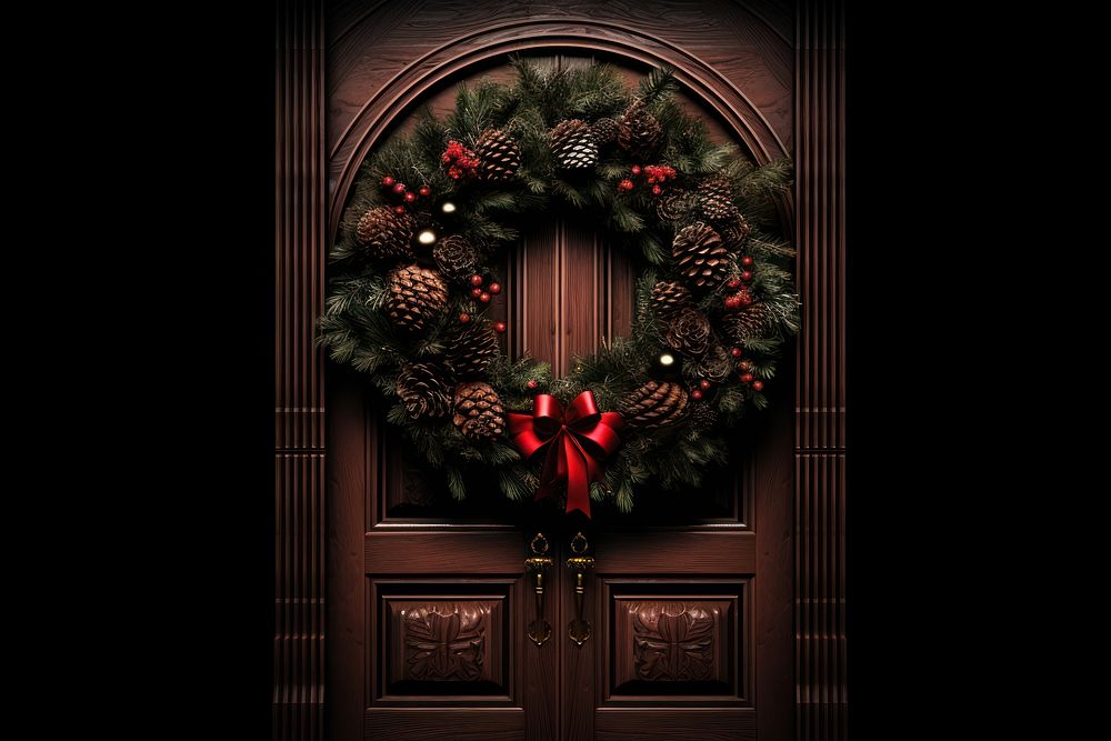 Christmas wreath door black background. AI generated Image by rawpixel.