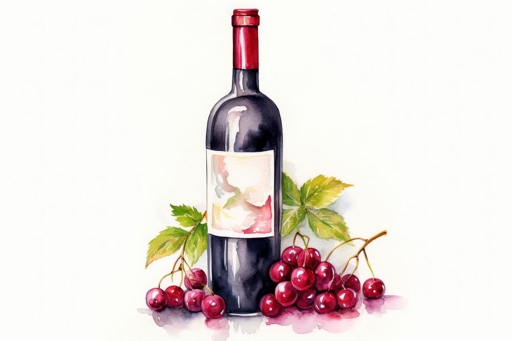 Watercolor wine bottle drink fruit plant. AI generated Image by rawpixel.