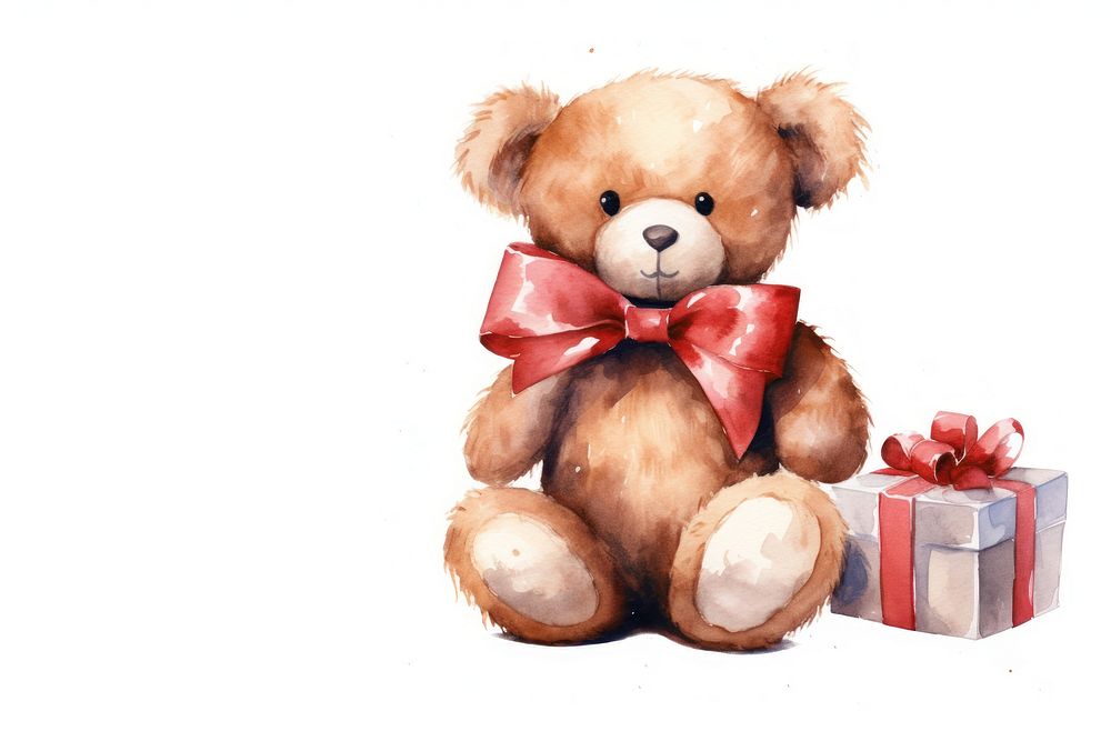Watercolor bow wrapped around teddy bear toy white background representation. AI generated Image by rawpixel.