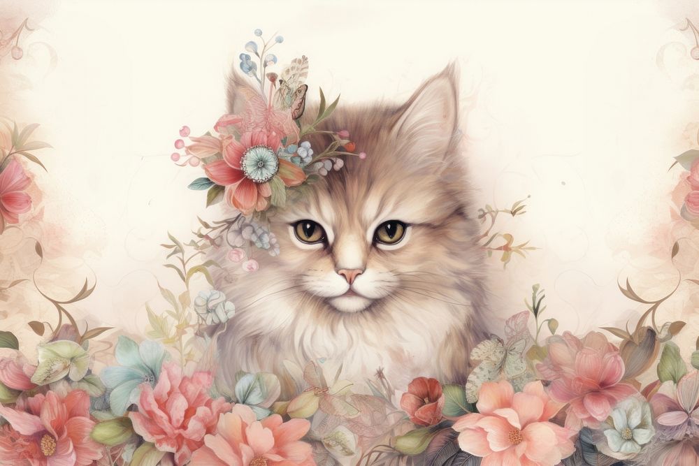 Cat illustration wallpaper pattern mammal animal. AI generated Image by rawpixel.
