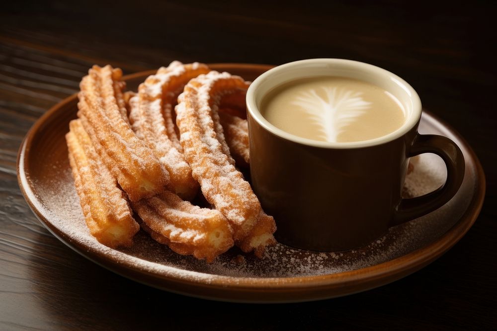 Churro with hot milk coffee drink bread. AI generated Image by rawpixel.