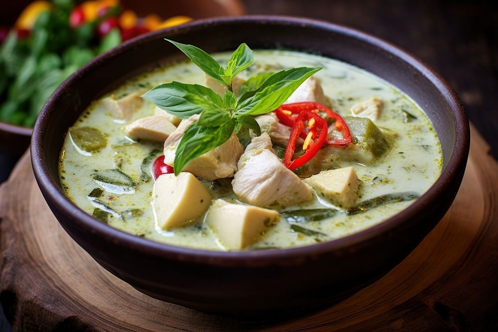 Chicken green curry soup food dish bowl. AI generated Image by rawpixel.
