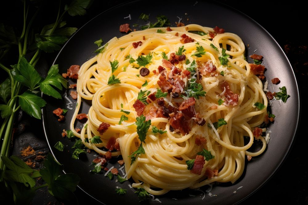 Pasta carbonara spaghetti plate food. AI generated Image by rawpixel.