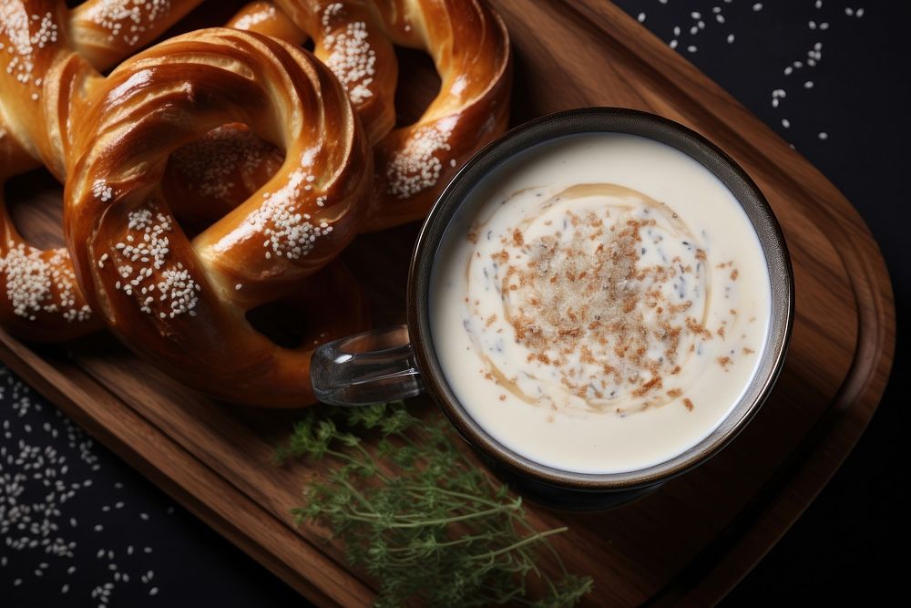 Pretzel in the dish served with hot milk pretzel bread food. AI generated Image by rawpixel.