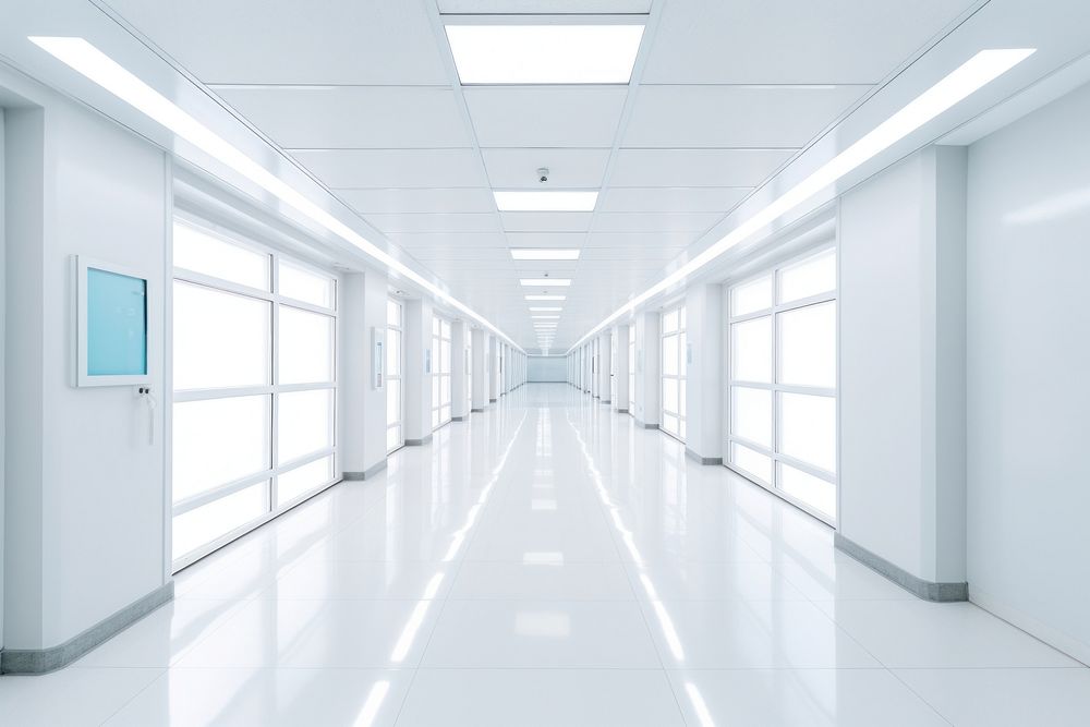 Long hospital bright corridor with rooms architecture building illuminated. AI generated Image by rawpixel.
