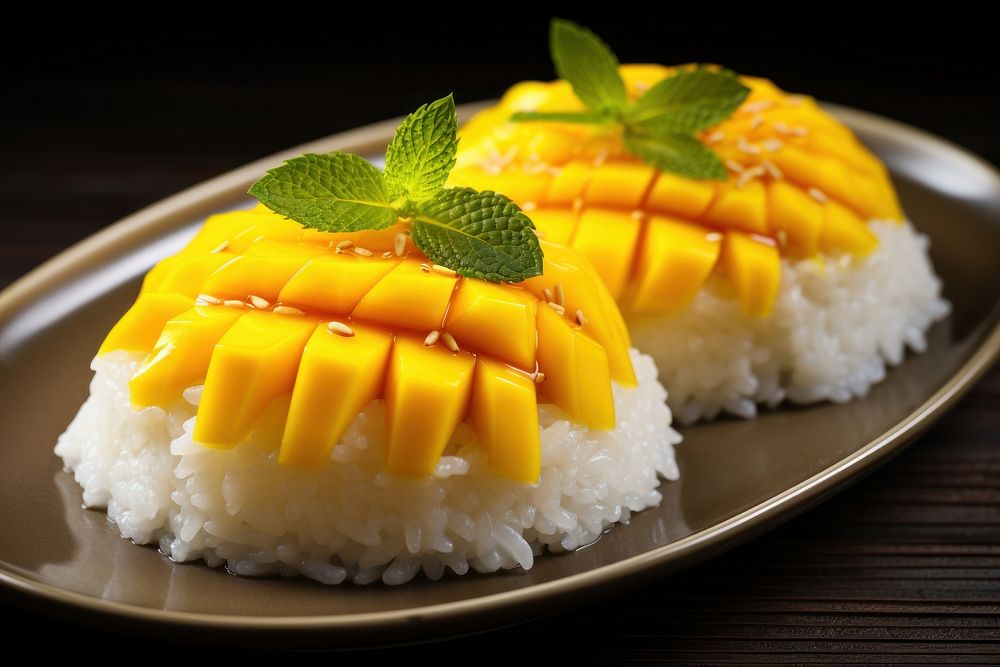 Mango sticky rice dessert fruit plate. AI generated Image by rawpixel.