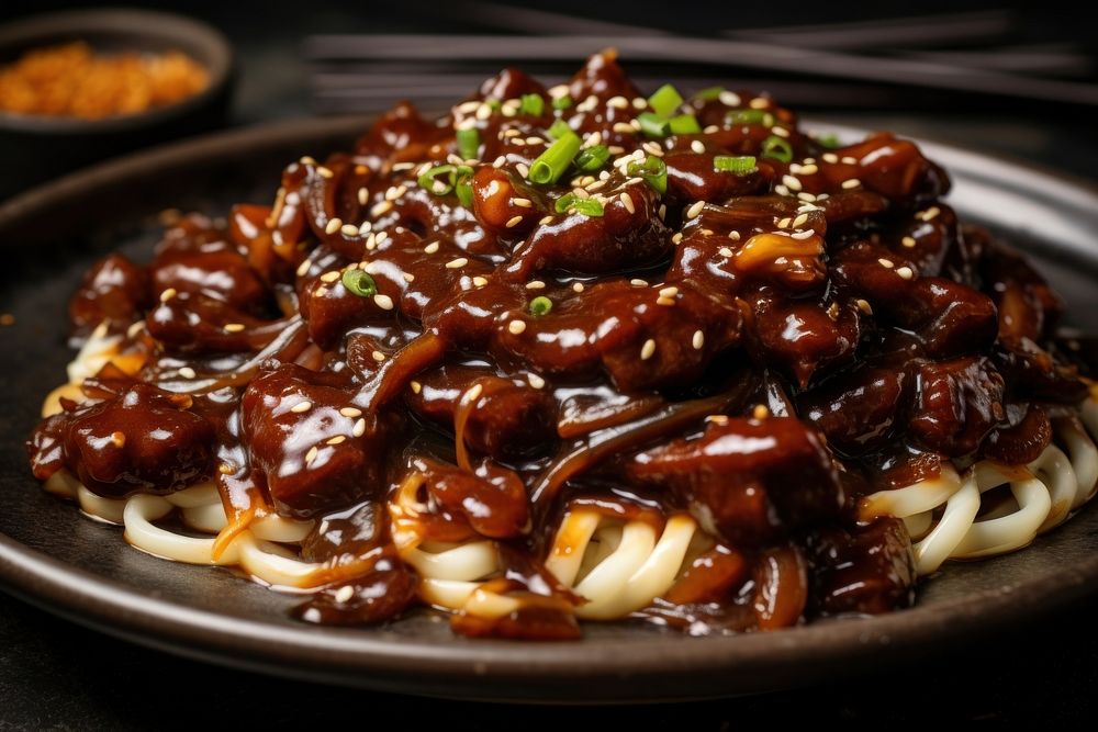 Chopsticks with Jjajangmyeon Korean food plate meat vegetable. AI generated Image by rawpixel.