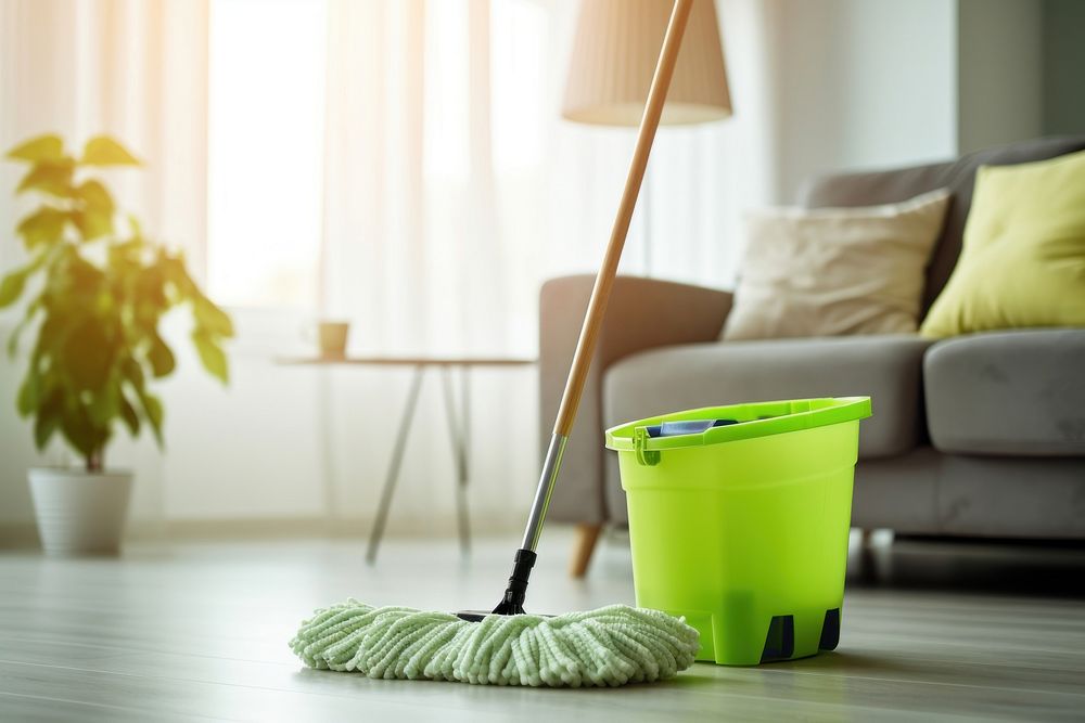 A person moping floor with mop and bucket in living room cleaning green architecture. AI generated Image by rawpixel.
