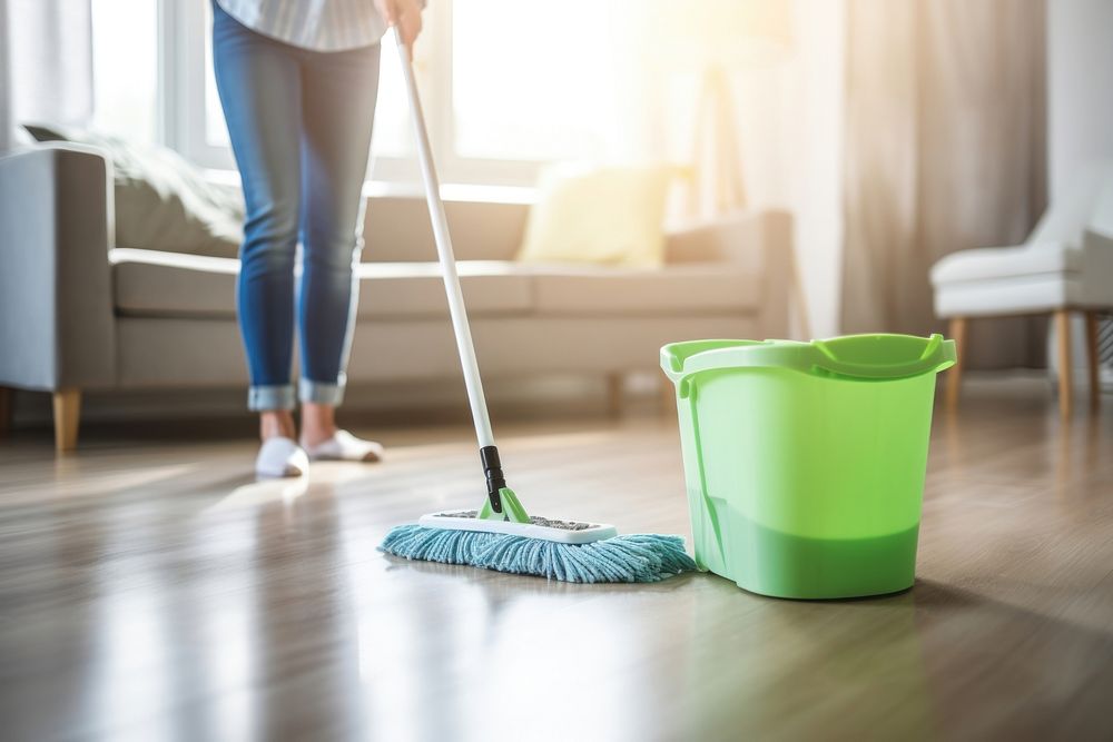 Moping floor cleaning bucket person. AI generated Image by rawpixel.