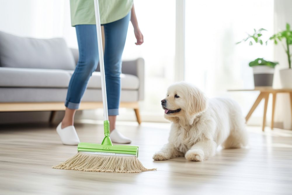 A person moping floor with mop and bucket in living room dog cleaning mammal. 