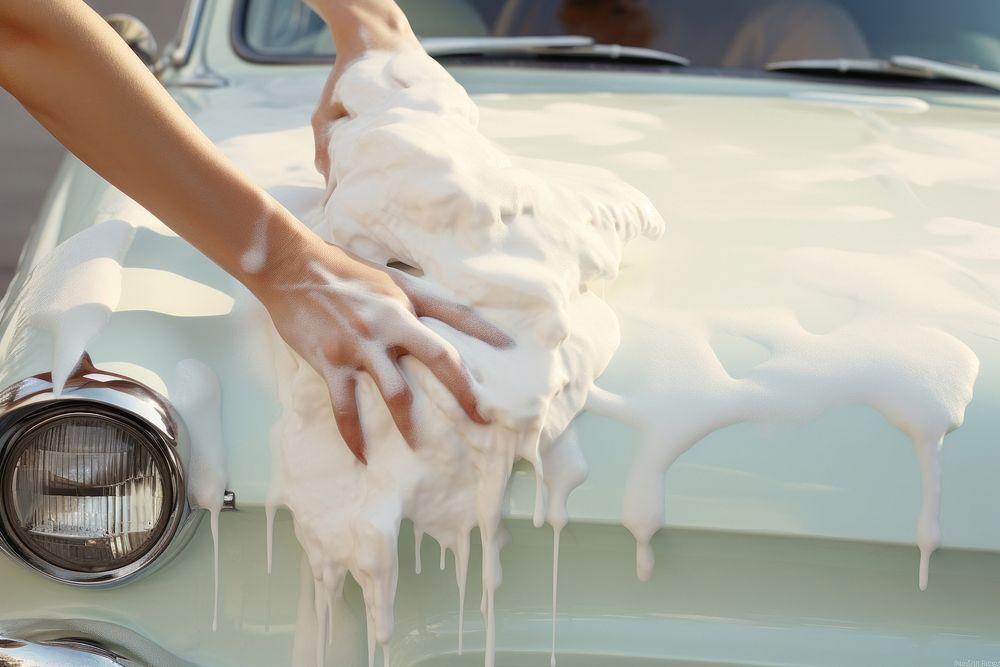 A person washing white car with soap vehicle adult hand. AI generated Image by rawpixel.