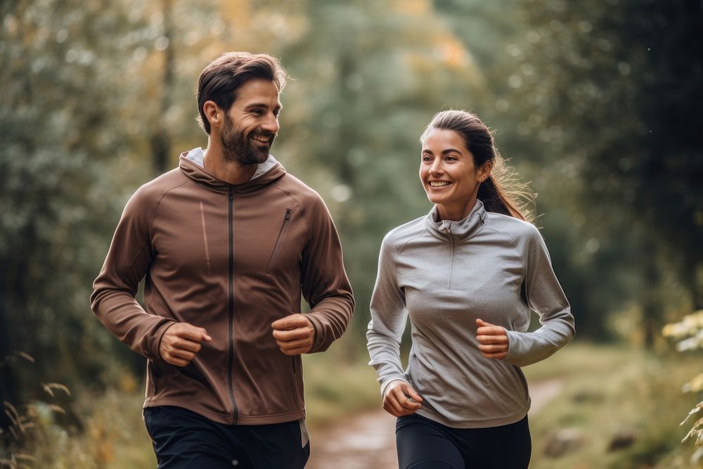 Couple jogging running outdoors nature. AI generated Image by rawpixel.