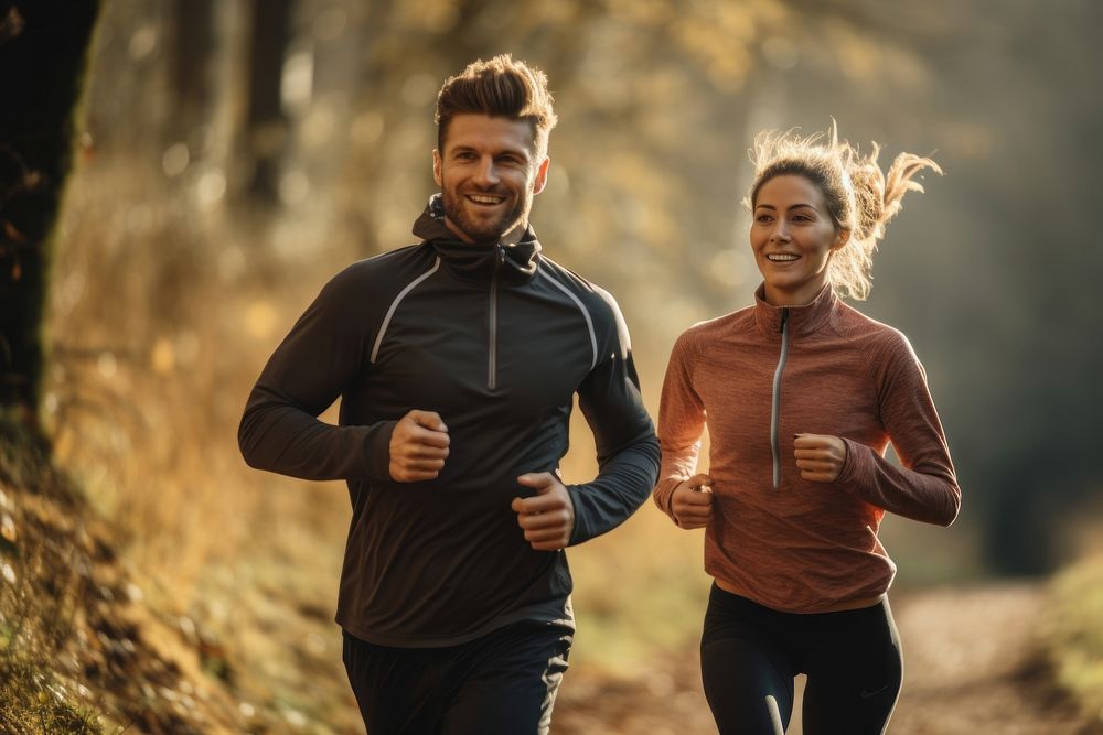 Couple jogging running outdoors nature. AI generated Image by rawpixel.