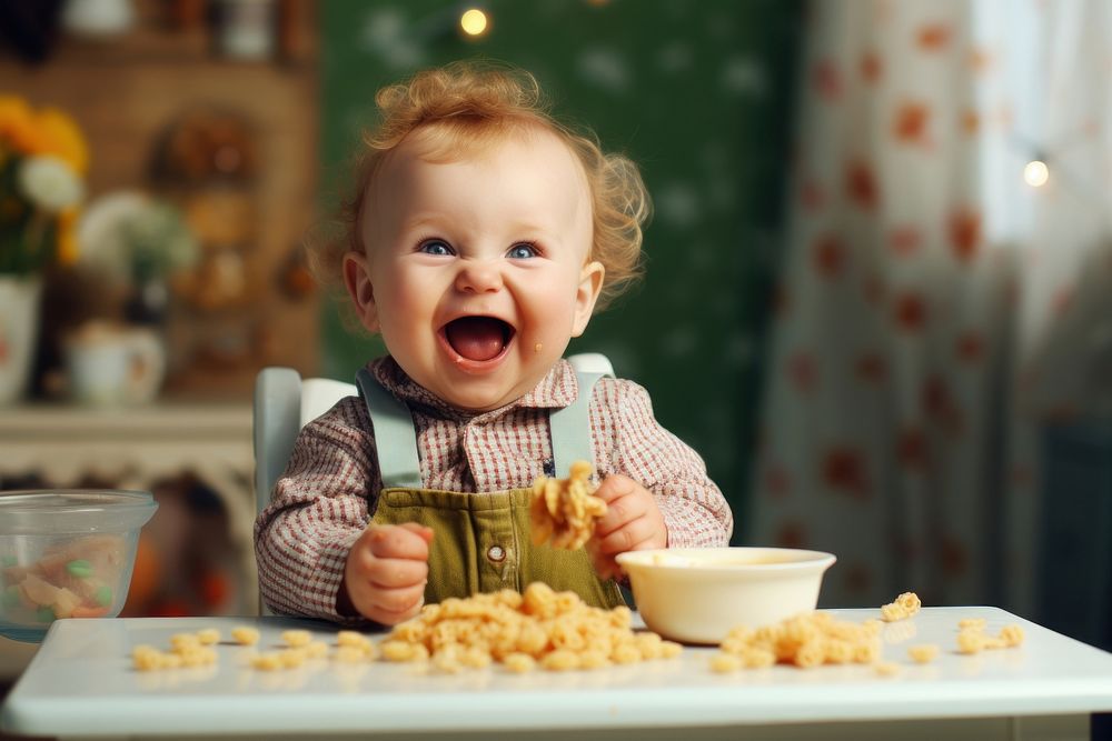 Funny baby eating food on kitchen fun refreshment innocence. AI generated Image by rawpixel.