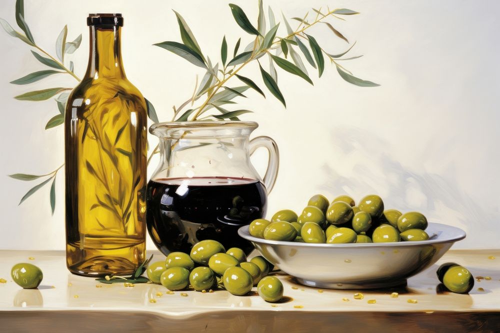 An olive oil painting glass food. AI generated Image by rawpixel.
