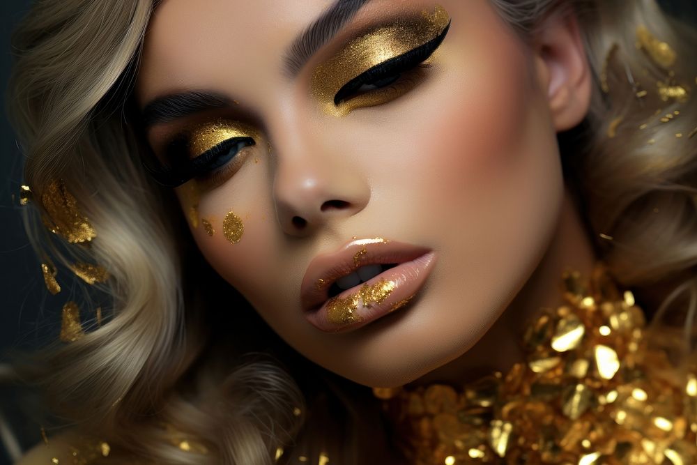 Gold glam makeup cosmetics lipstick portrait. AI generated Image by rawpixel.