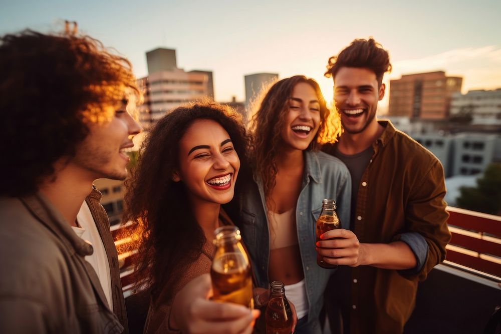 Group of young cheerful multicultural friends party laughing bottle. AI generated Image by rawpixel.