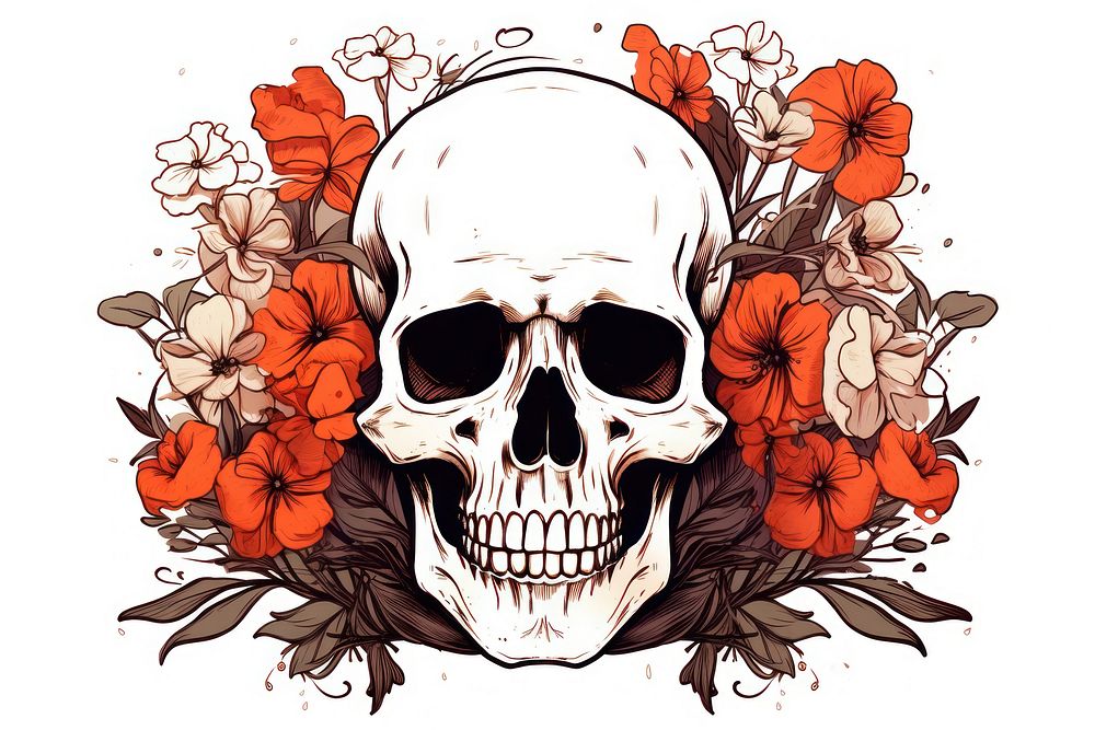 Skull bone flower drawing sketch. AI generated Image by rawpixel.