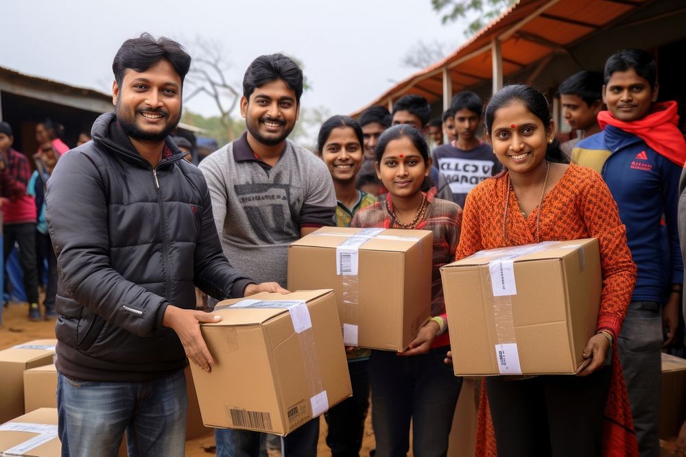 Five Indian volunteers holding boxes with donated items cardboard adult togetherness. AI generated Image by rawpixel.