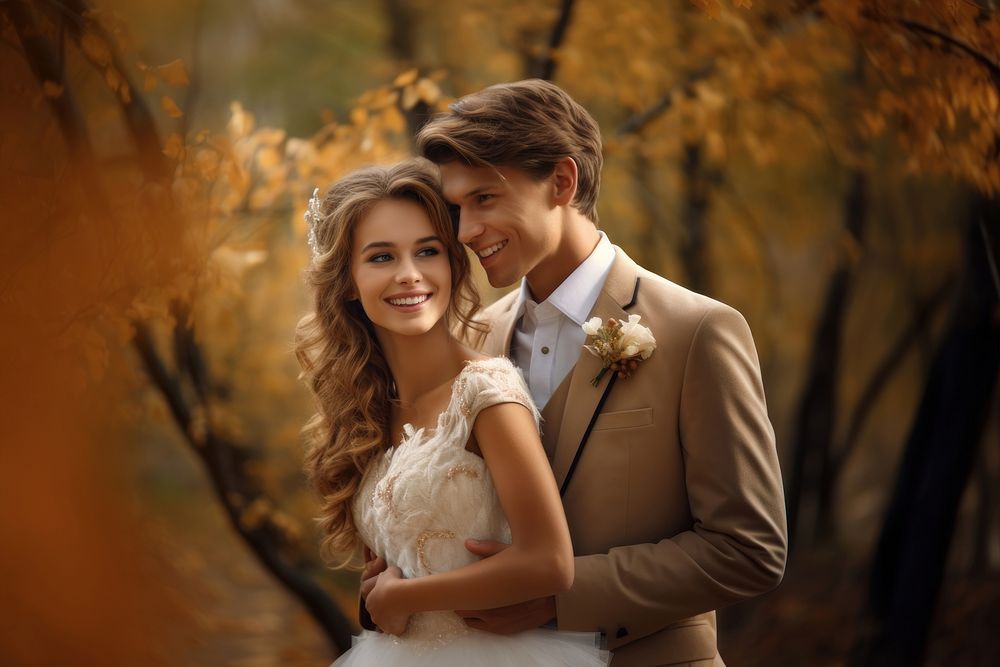Happy couple smiling in autumn forest portrait fashion wedding. AI generated Image by rawpixel.