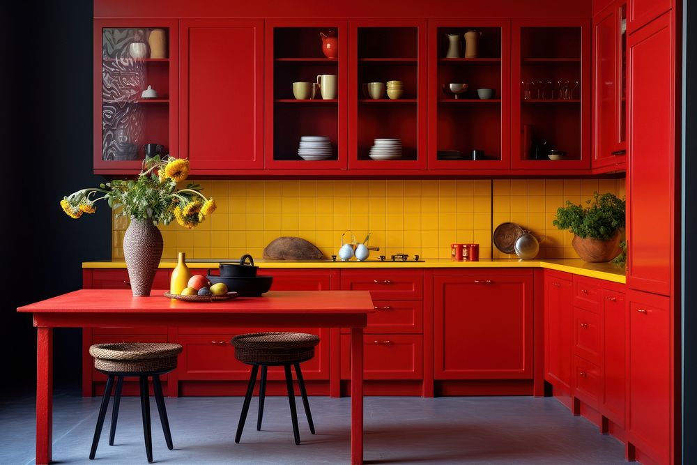 Modern red kitchen architecture furniture cupboard. AI generated Image by rawpixel.