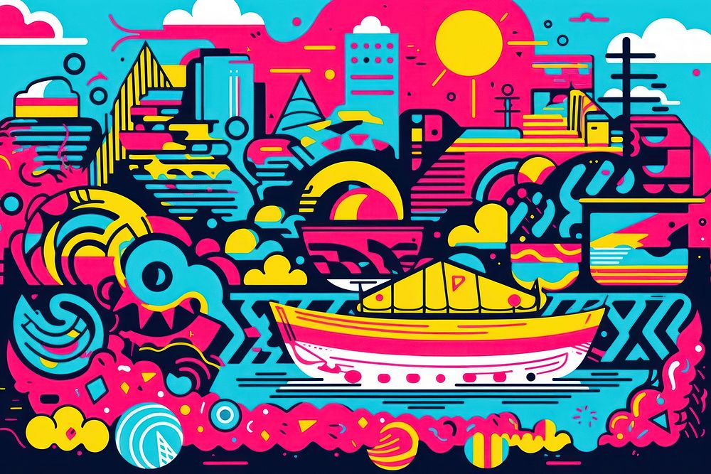 Memphis boat background painting drawing art. AI generated Image by rawpixel.