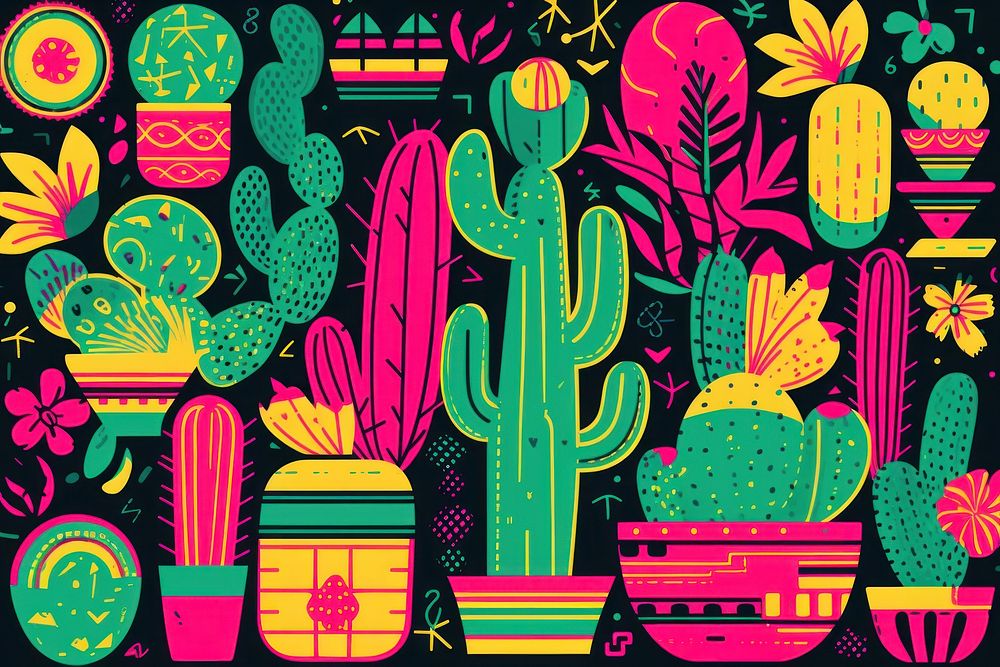 Memphis cactus background backgrounds pattern yellow. AI generated Image by rawpixel.