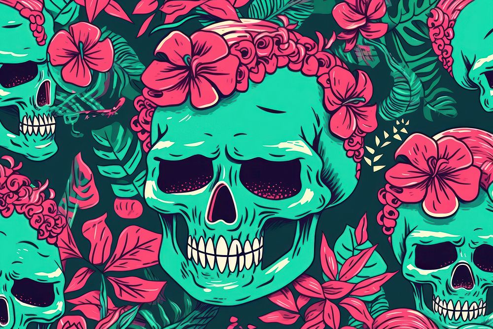 Memphis skeletons background pattern flower plant. AI generated Image by rawpixel.