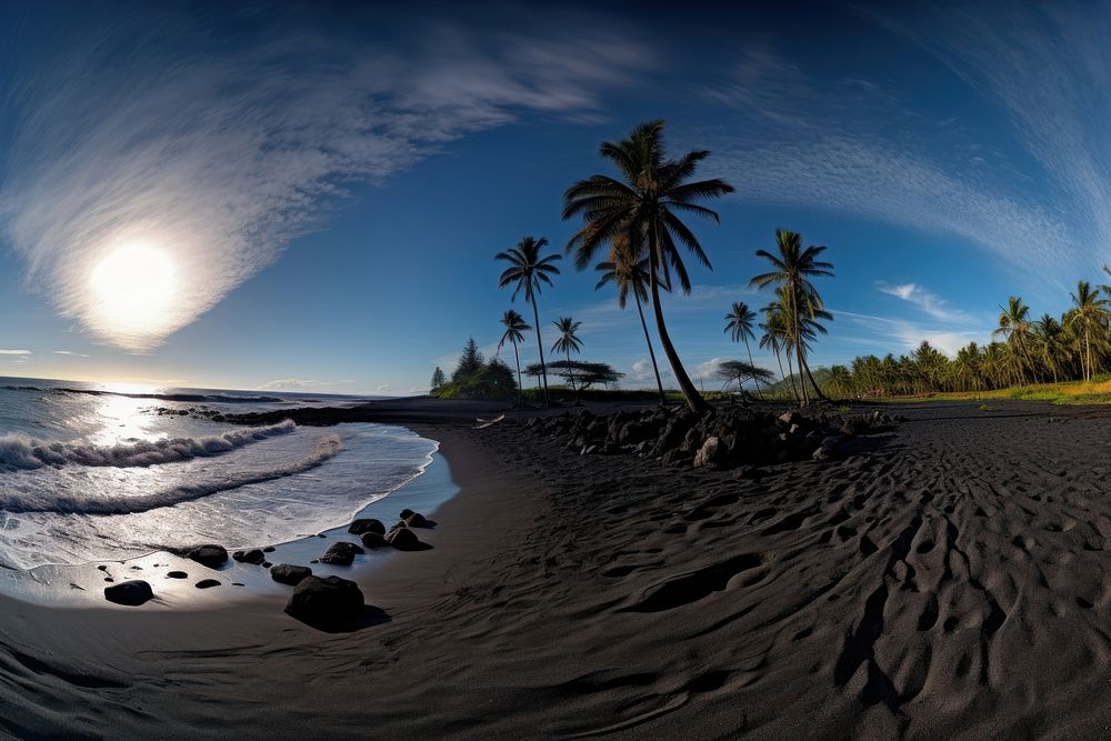 Punaluu Black Sand Beach beach landscape panoramic. AI generated Image by rawpixel.