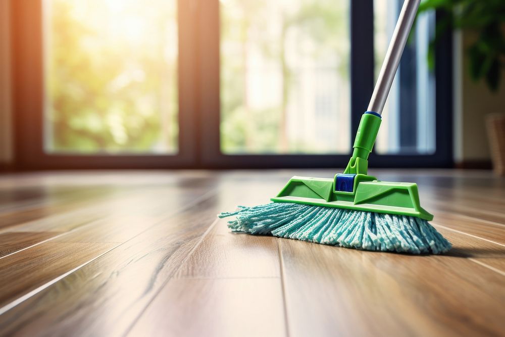 Person moping floor hardwood cleaning broom. AI generated Image by rawpixel.