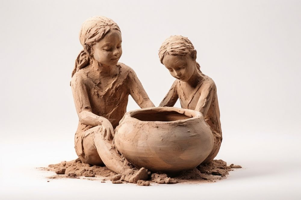 Children clay statue realistic art pottery togetherness earthenware. AI generated Image by rawpixel.