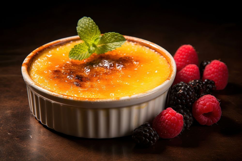 Creme Brulee raspberry dessert fruit. AI generated Image by rawpixel.