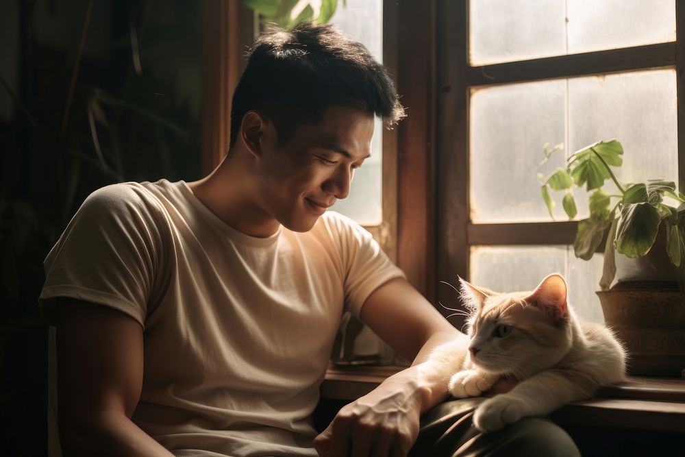 Thai men with an Thai cat pet portrait mammal. AI generated Image by rawpixel.
