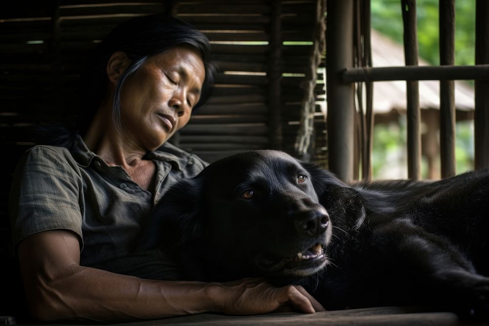 Thai moman sleeping with an black dog pet portrait mammal. AI generated Image by rawpixel.