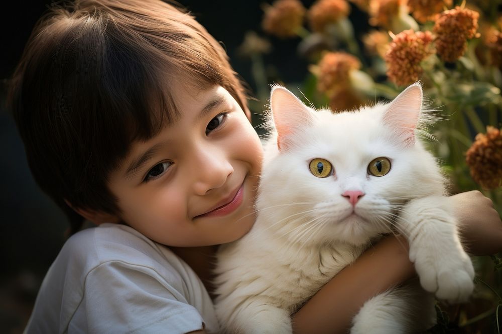 Thai kid with an Thai cat pet portrait animal. AI generated Image by rawpixel.