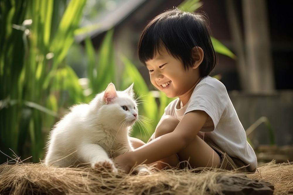 Thai kid with an Thai cat pet animal mammal. AI generated Image by rawpixel.